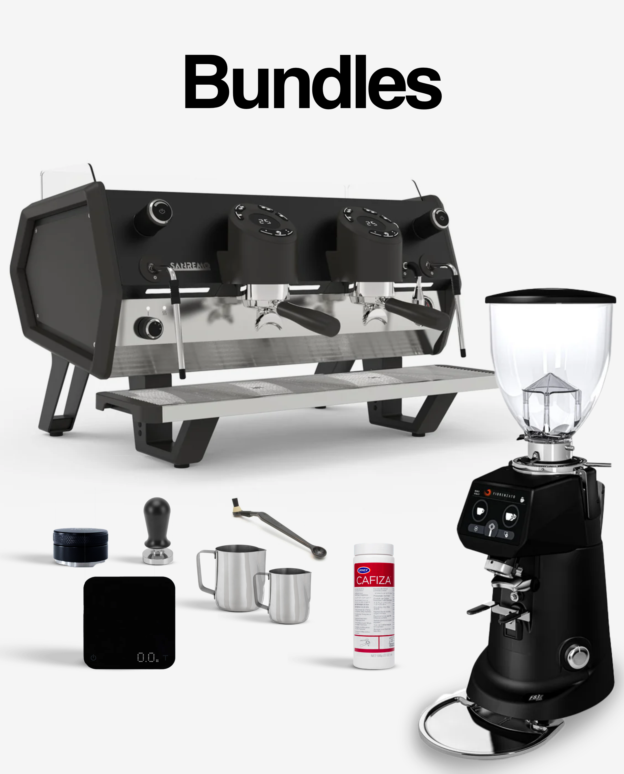 Commercial espresso machine bundle featuring a Sanremo espresso machine, commercial grinder, tamping tools, milk pitchers, Cafiza cleaner, and coffee scale