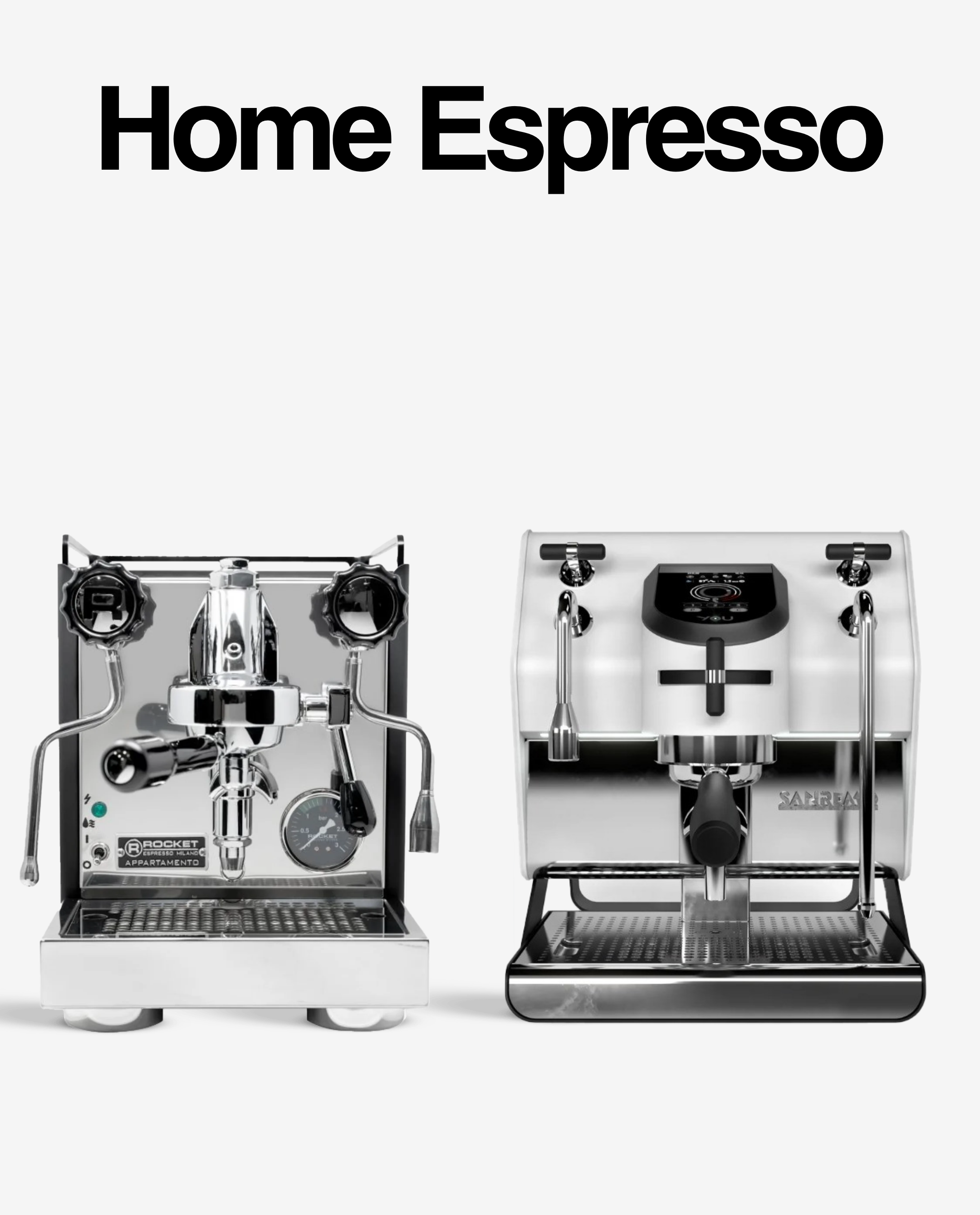 Home espresso machines including the Rocket Appartamento and a dual-boiler machine by VBM, designed for home baristas seeking professional-grade performance