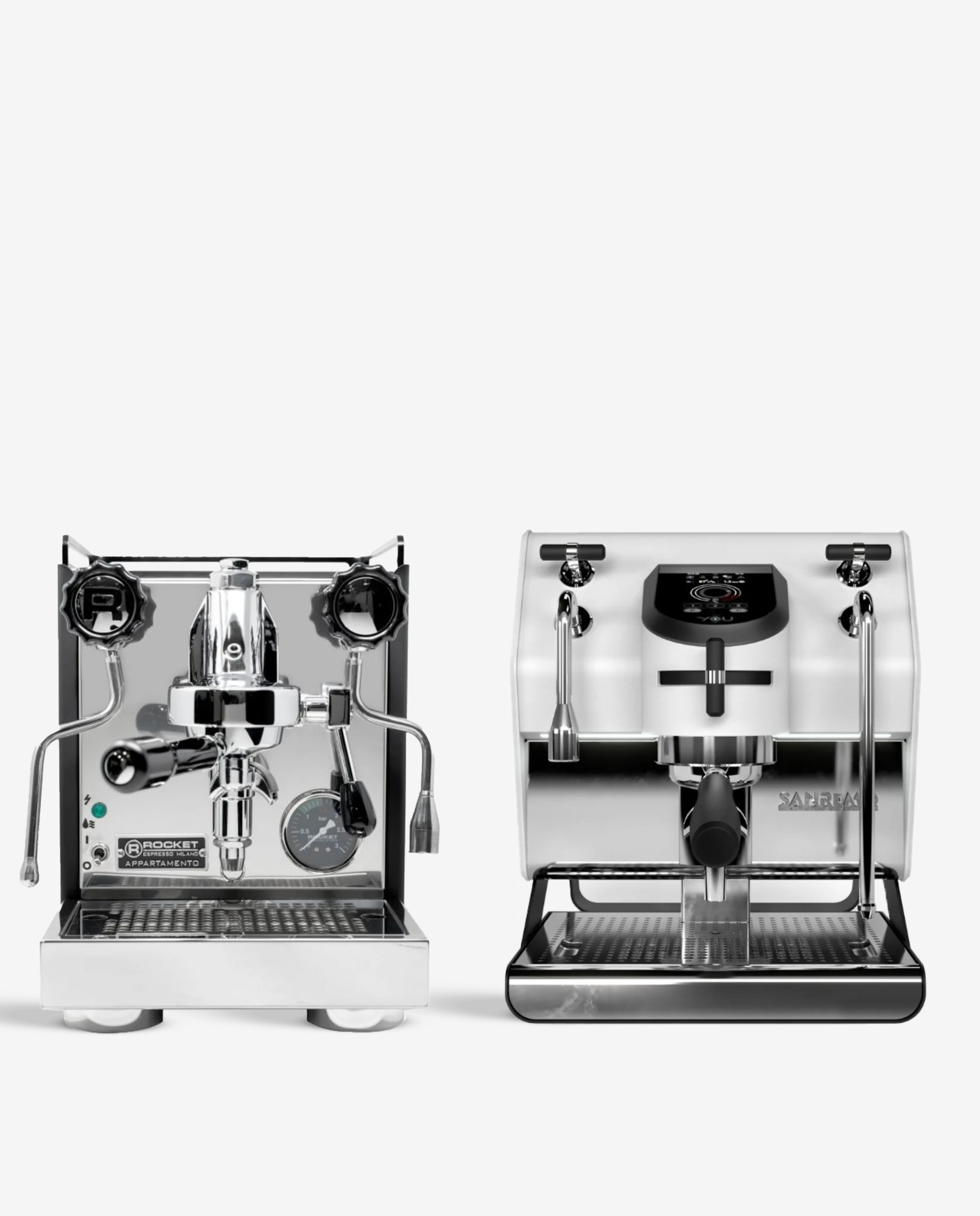Two espresso machines on a white background with 'Home Espresso' text.