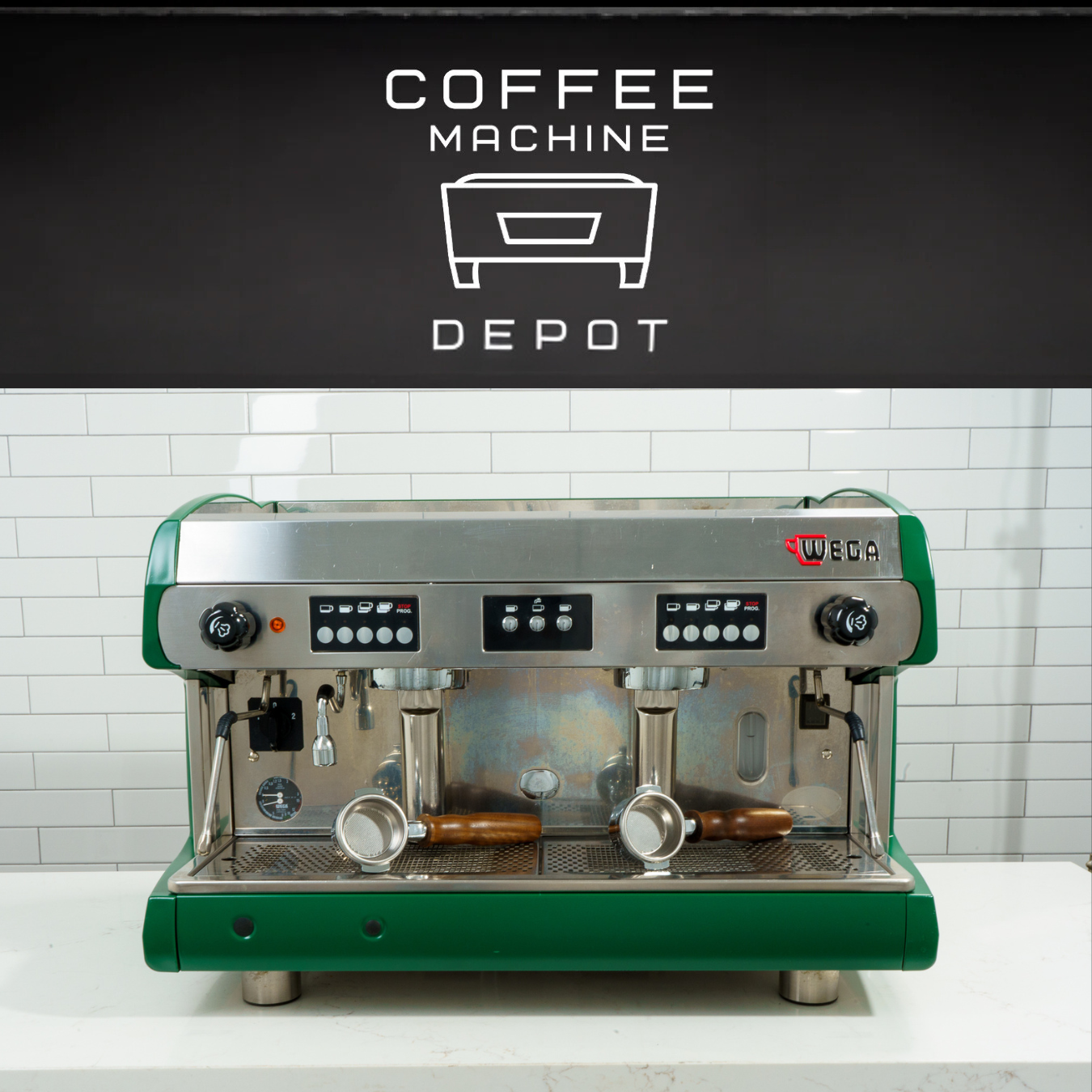 Wega Polaris High Cup 2 Group Custom Green with Wood Commercial Espresso Machine