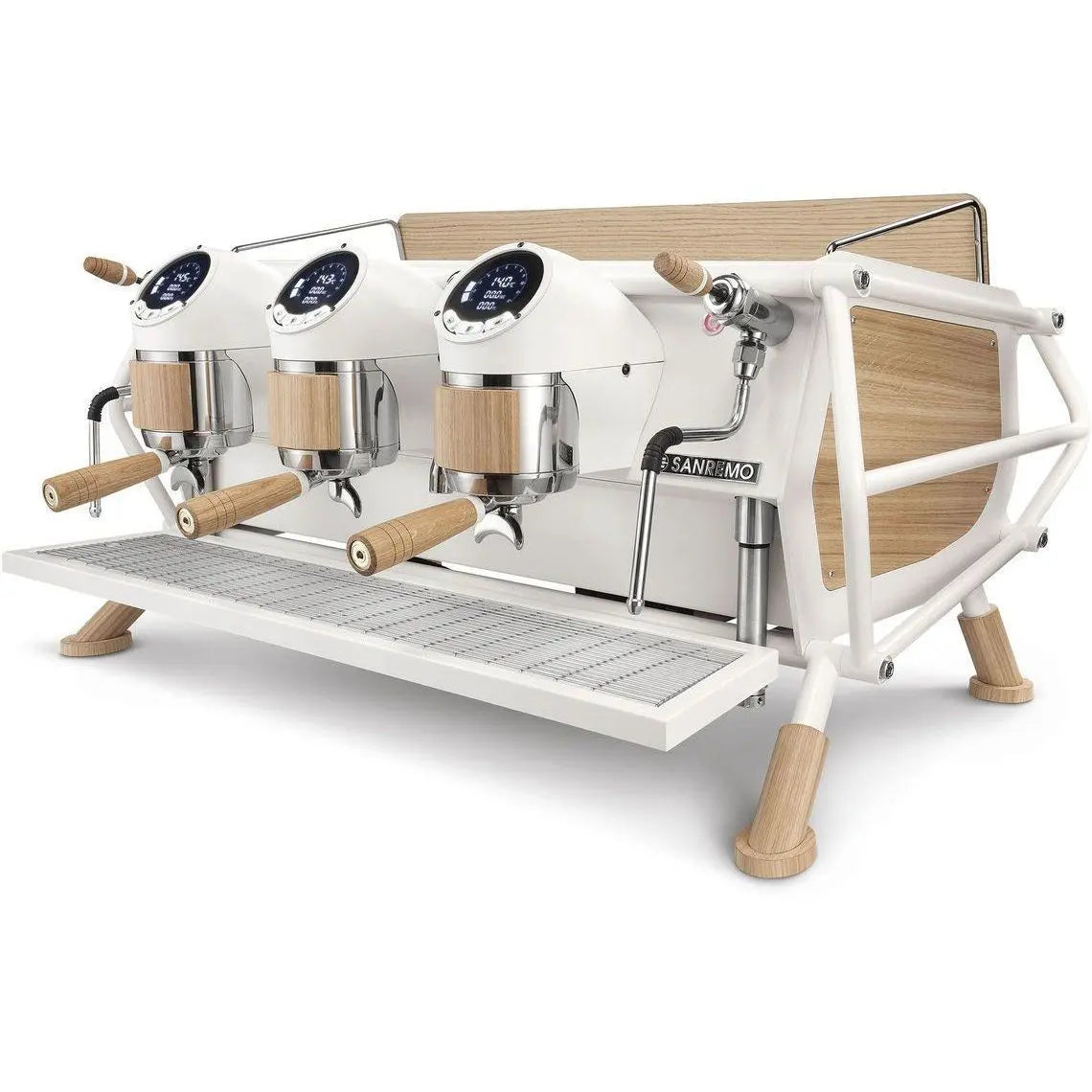 Sanremo Cafe Racer White/Wood 3 Group Commercial Espresso Machine