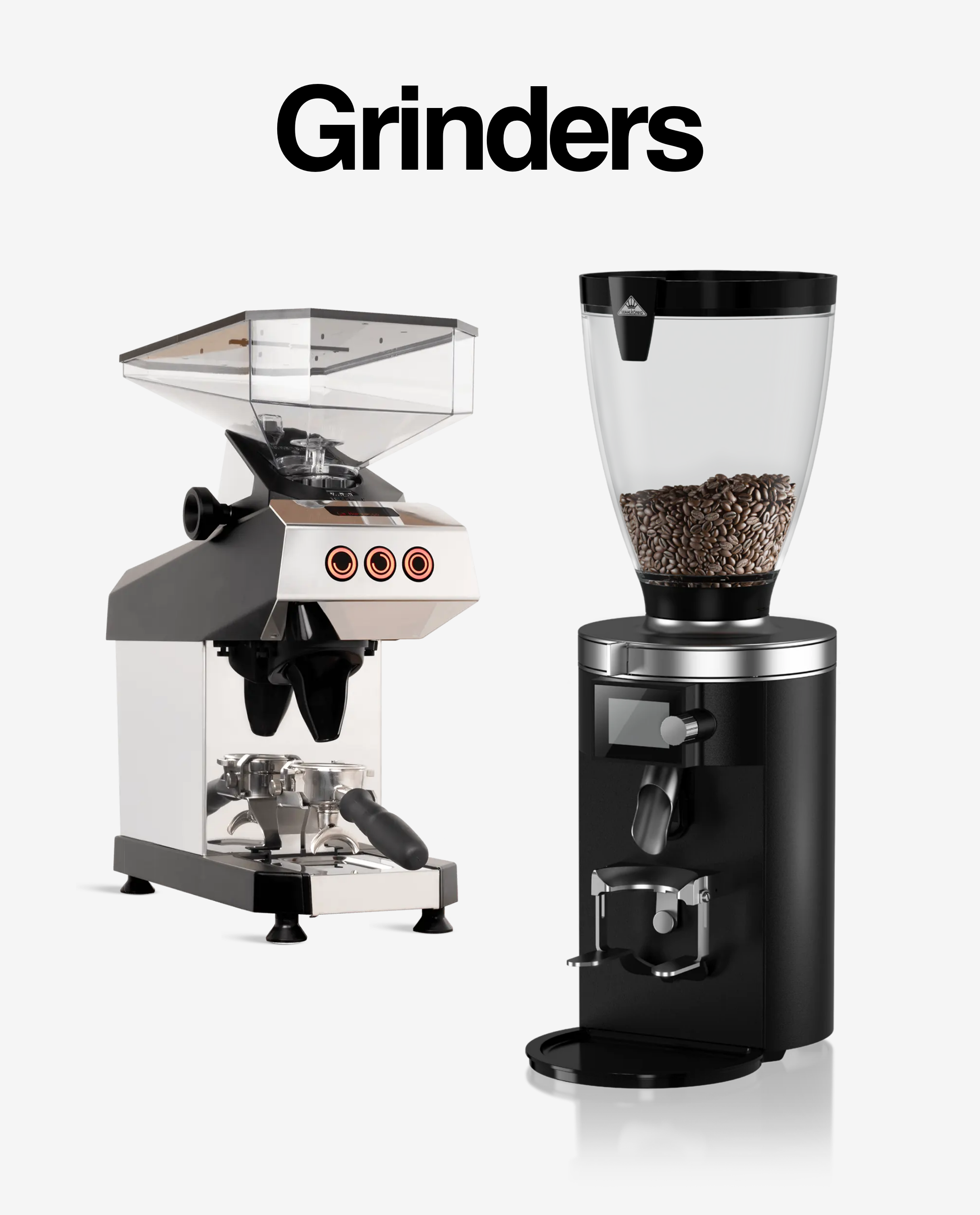Commercial coffee grinders including a La Marzocco grinder and a modern on-demand grinder with hopper, designed for espresso preparation in café settings