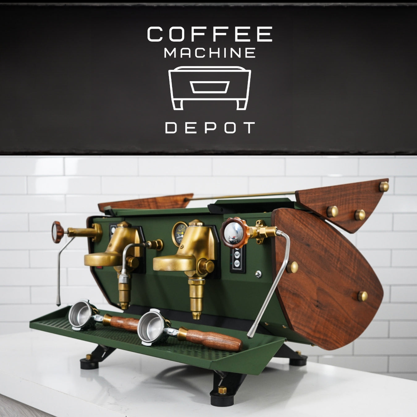 Kees Van Der Westen - Mirage Duette AV 2 Group Commercial Espresso Machine - Custom "Military Green" and Brushed Gold With Oak Wood