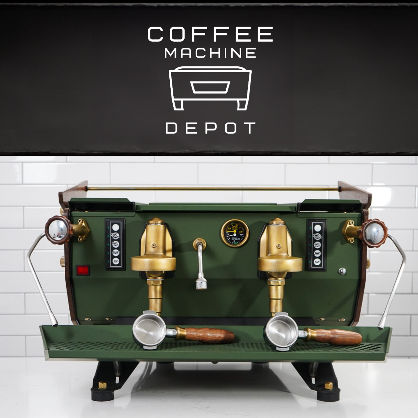 Kees Van Der Westen - Mirage Duette AV 2 Group Commercial Espresso Machine - Custom "Military Green" and Brushed Gold With Oak Wood