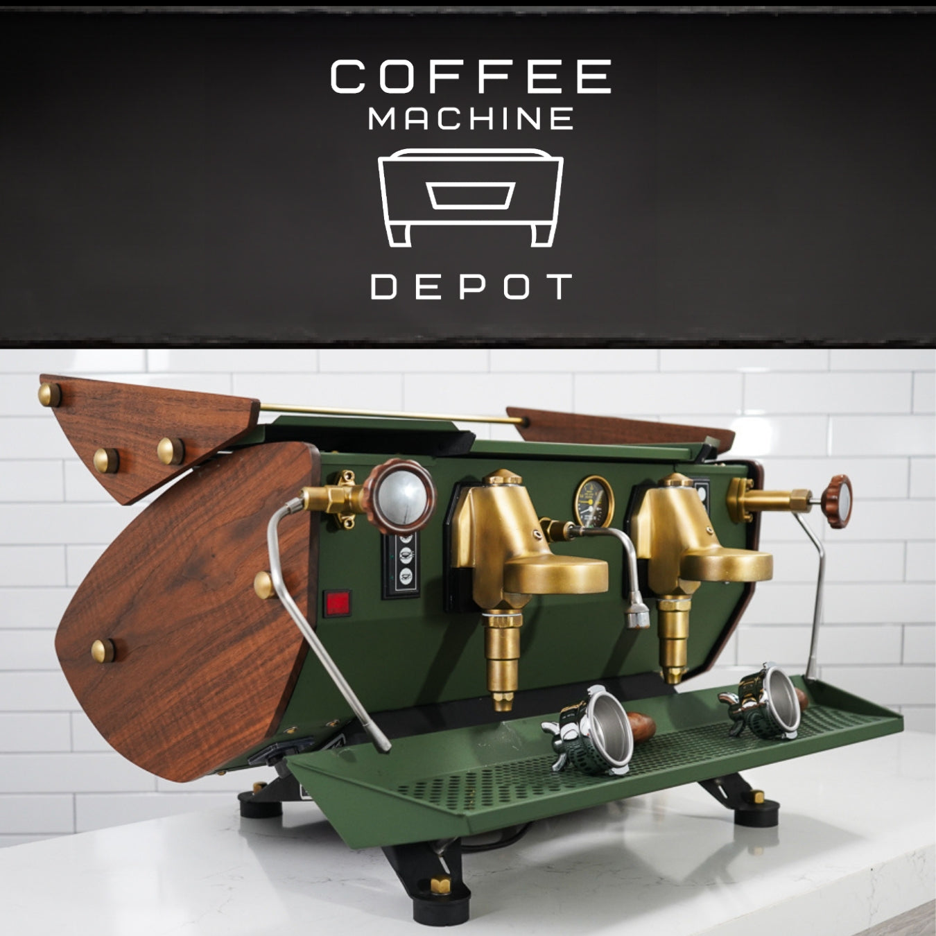 Kees Van Der Westen - Mirage Duette AV 2 Group Commercial Espresso Machine - Custom "Military Green" and Brushed Gold With Oak Wood