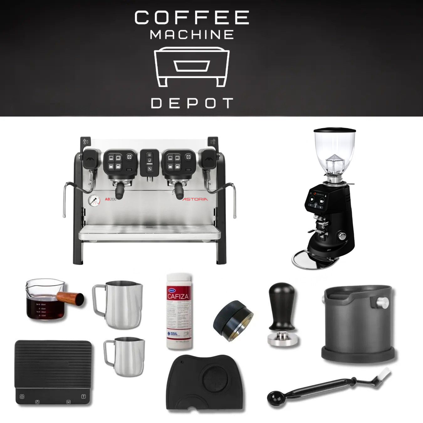 Astoria AB200 Compact 2 Group with Fiorenzato F64 E Bundle Package - Black