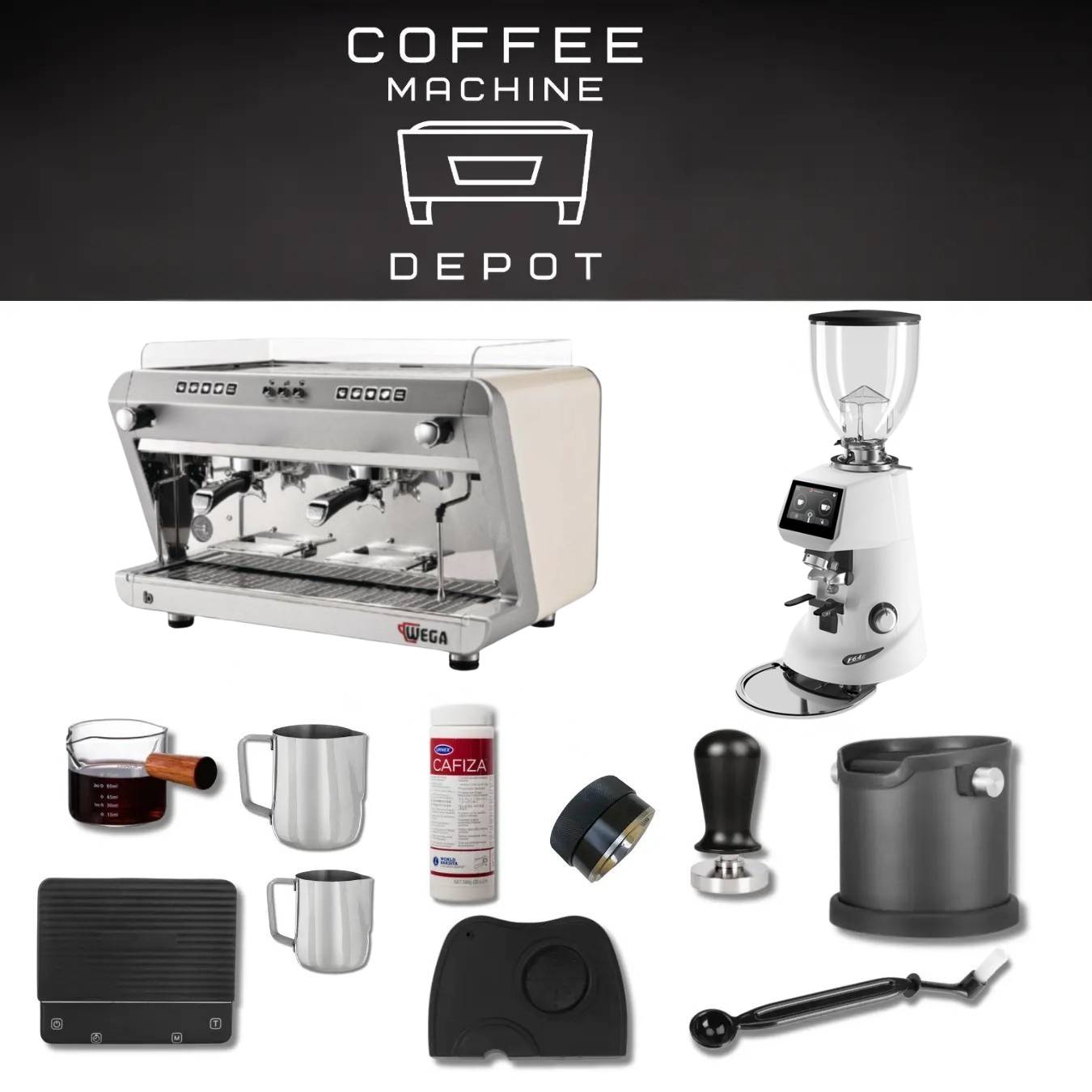 Wega IO 2 Group with Fiorenzato F64 E Bundle Package - White